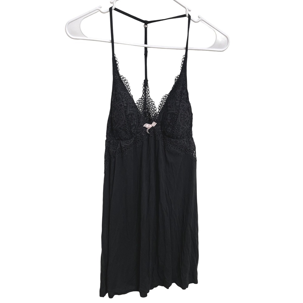 Victorias Secret Y2K Black Lace Babydoll Chemise Nightgown Slip Dress Size M